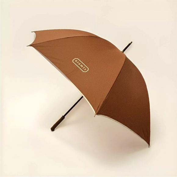 Aramis Vintage Classic Brown Umbrella Leather Handle Beige Trim 37" Never Used - Picture 1 of 8